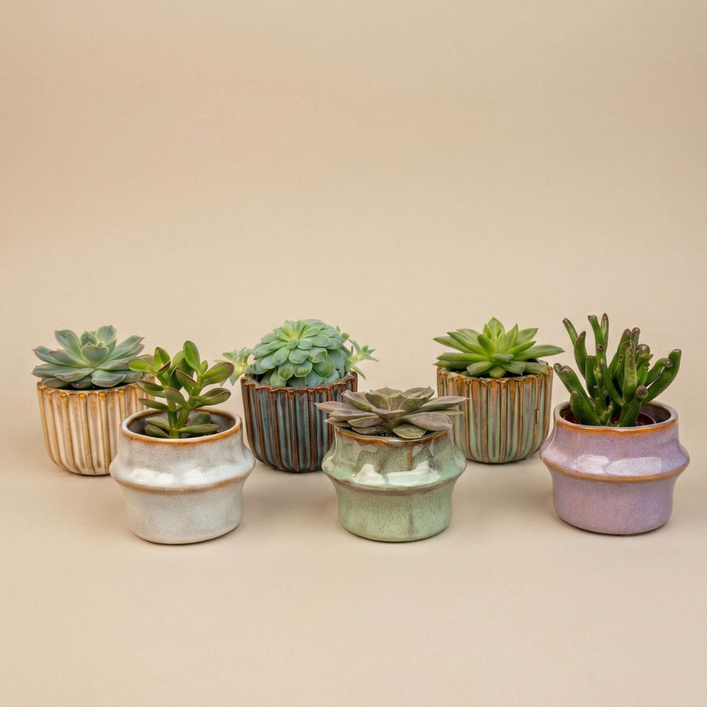 Succulents Set Of 6 In Ceramic Mini Pot Barcelona - ↑ 8–12 Cm