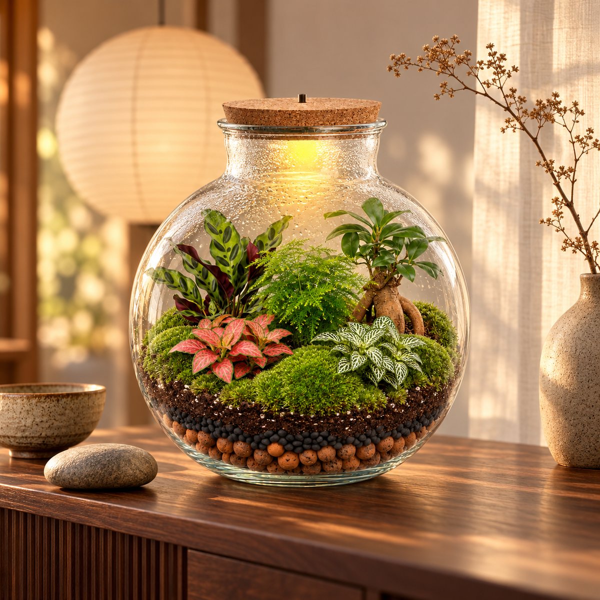 Terrarium Bonsaï zen monté, LED allumée, sur une console en noyer à côté d'un galet et d'un bol à thé (image d'illustration)