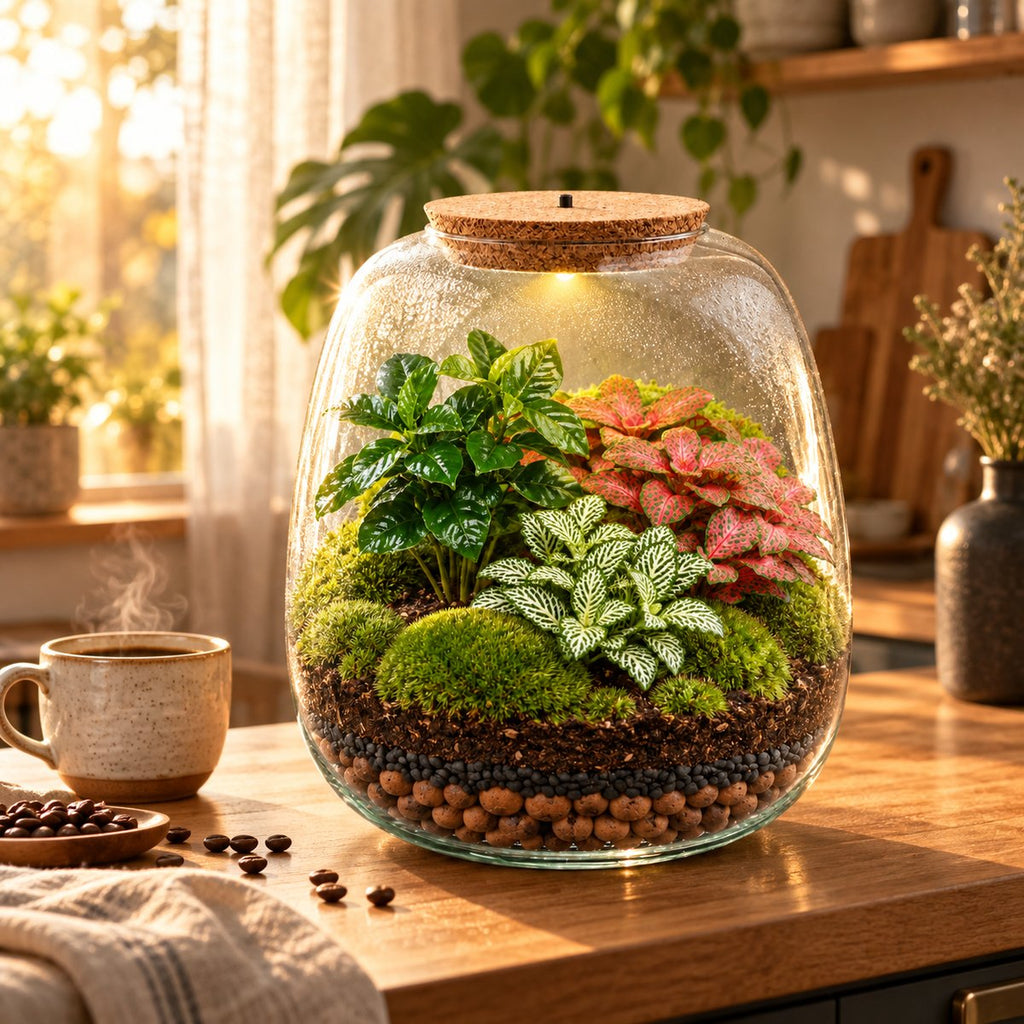 Terrarium Café tropical monté, posé dans une cuisine en lumière dorée à côté d'une tasse de café (image d'illustration)