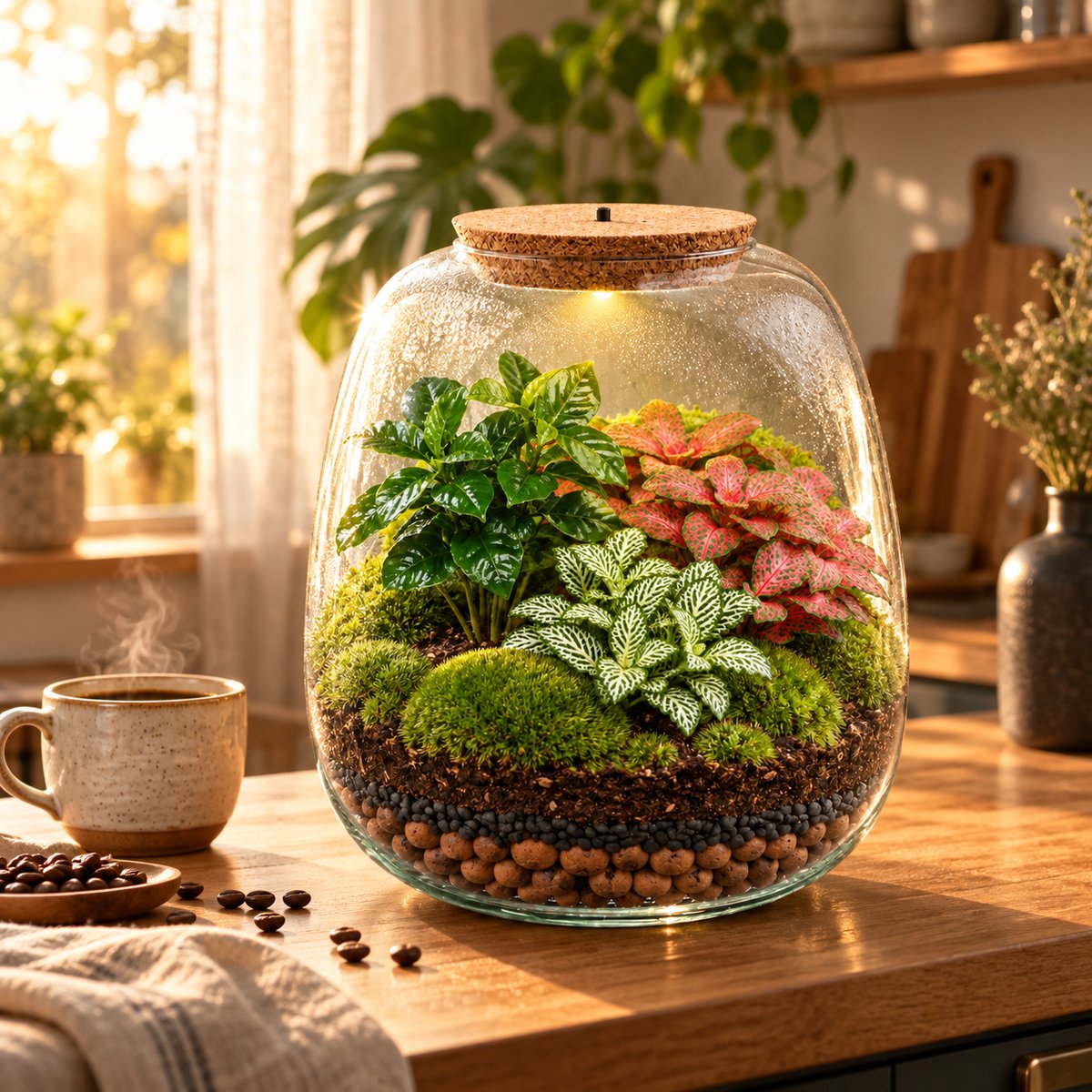 Terrarium Café tropical monté, posé dans une cuisine en lumière dorée à côté d'une tasse de café (image d'illustration)