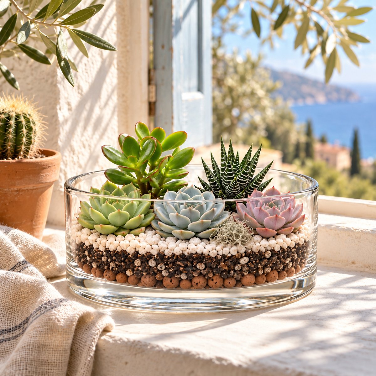 Terrarium Désert ouvert monté, cinq succulentes dans une coupelle en verre sur un rebord de fenêtre ensoleillé (image d'illustration)