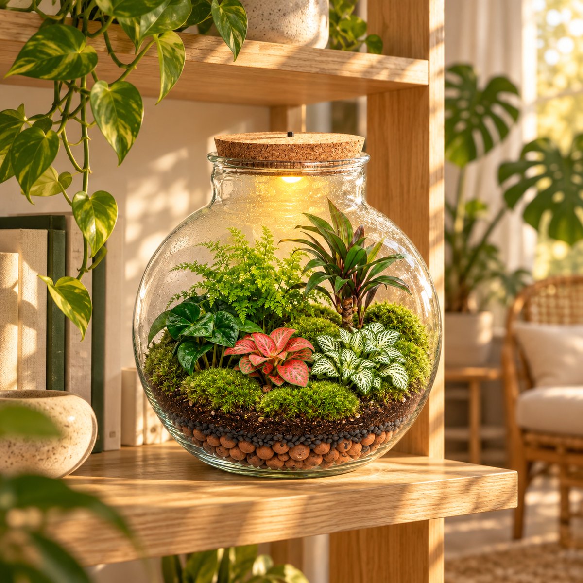 Terrarium Jungle monté, LED allumée, sur une étagère de salon entourée de plantes (image d'illustration)