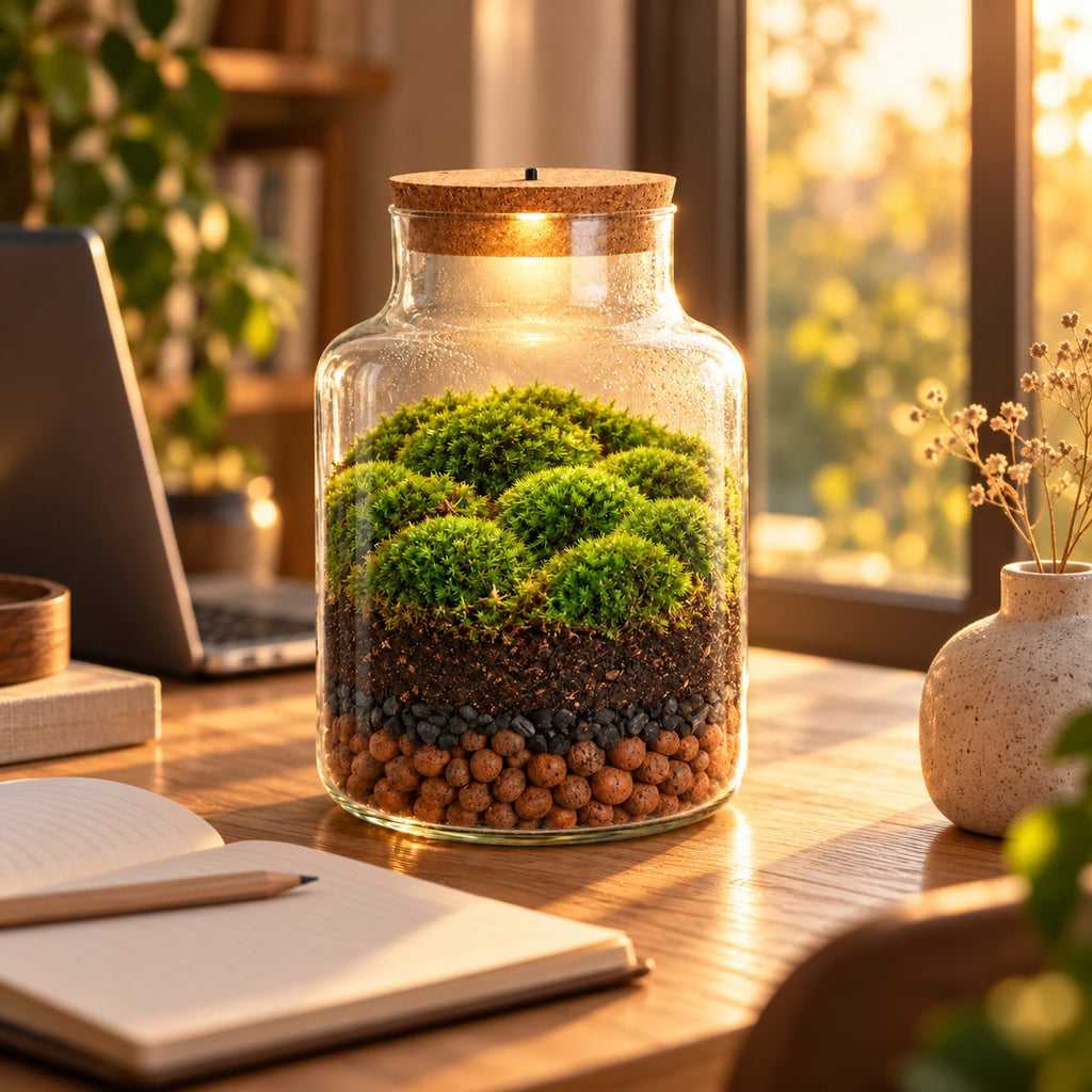 Terrarium Mousse & lumière monté, LED allumée, sur un bureau en bois en lumière dorée (image d'illustration)