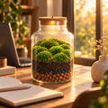 Terrarium Mousse & lumière monté, LED allumée, sur un bureau en bois en lumière dorée (image d'illustration)
