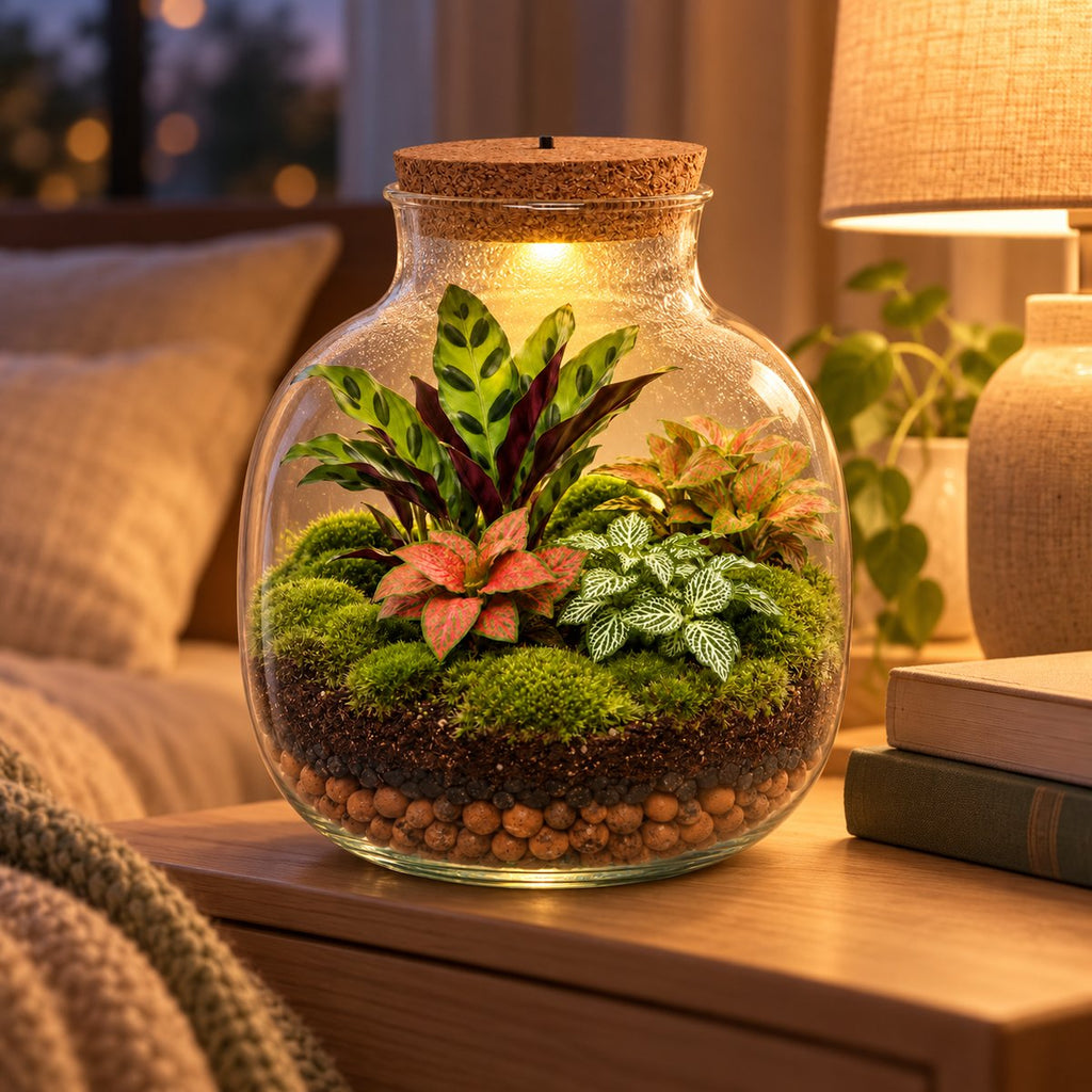 Terrarium Sous-bois monté, LED allumée, sur une table de chevet à côté de livres et d'une lampe (image d'illustration)