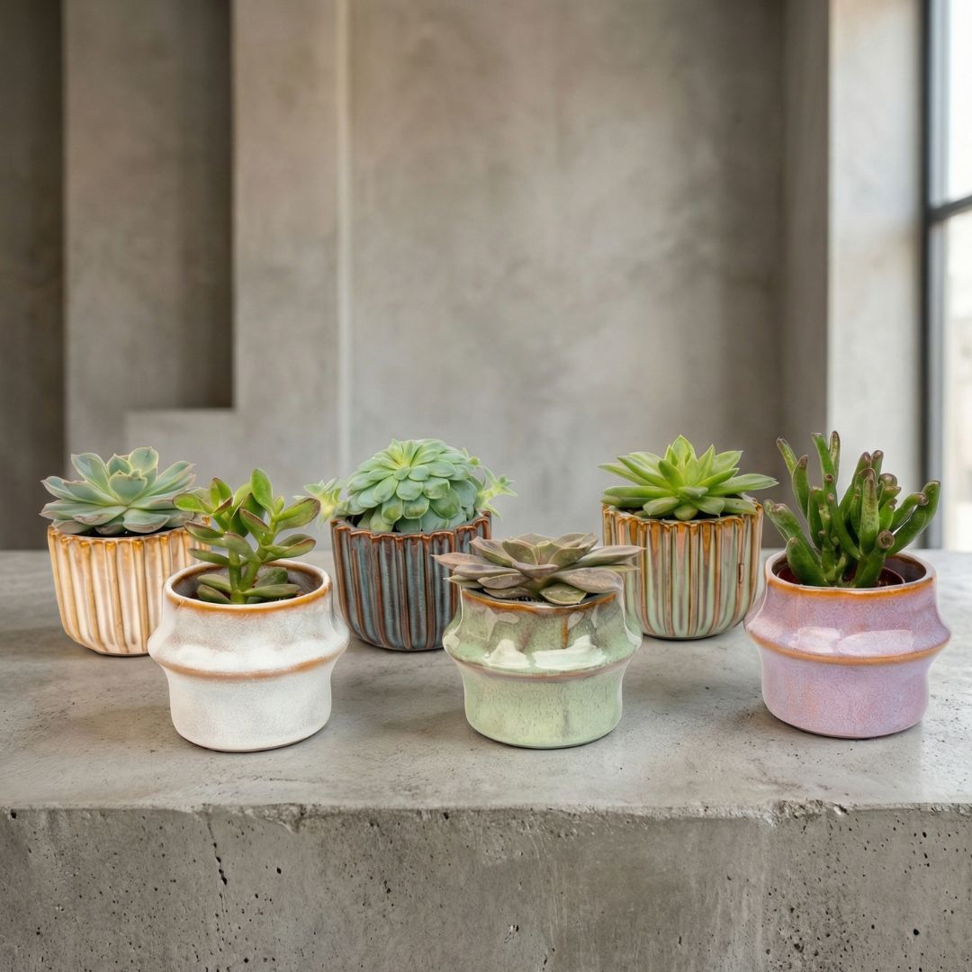 Succulents Set Of 6 In Ceramic Mini Pot Barcelona - ↑ 8–12 Cm